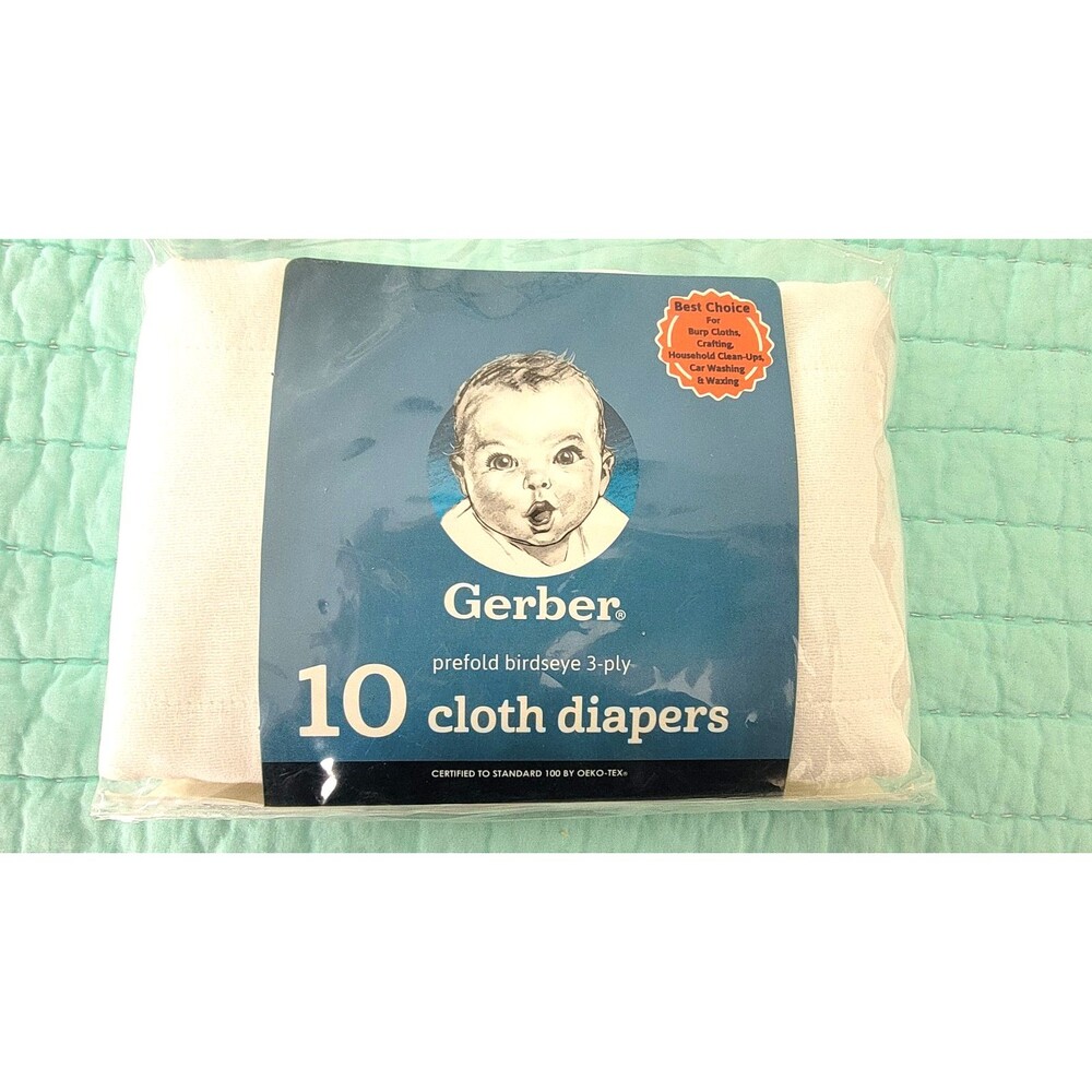 Gerber 94581R16A100OSZ Birdseye 3-Ply Prefold Cloth Diapers 10 Pieces White New